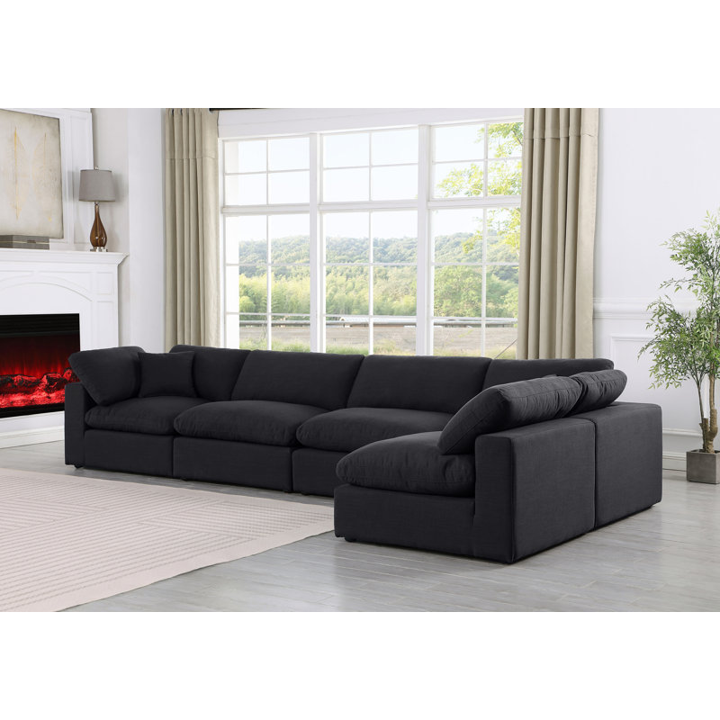 Canapé modulaire 5 pièces rembourré, Tissu texturé en lin noir
