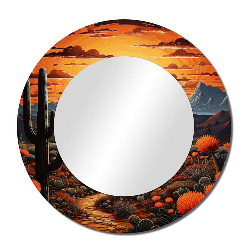 Yellow Green Cactus Desert Sunset Saguaro - Cactus Unique Wall Mirror Decor, Traditional Large Round Mirror, Printed Metal Art