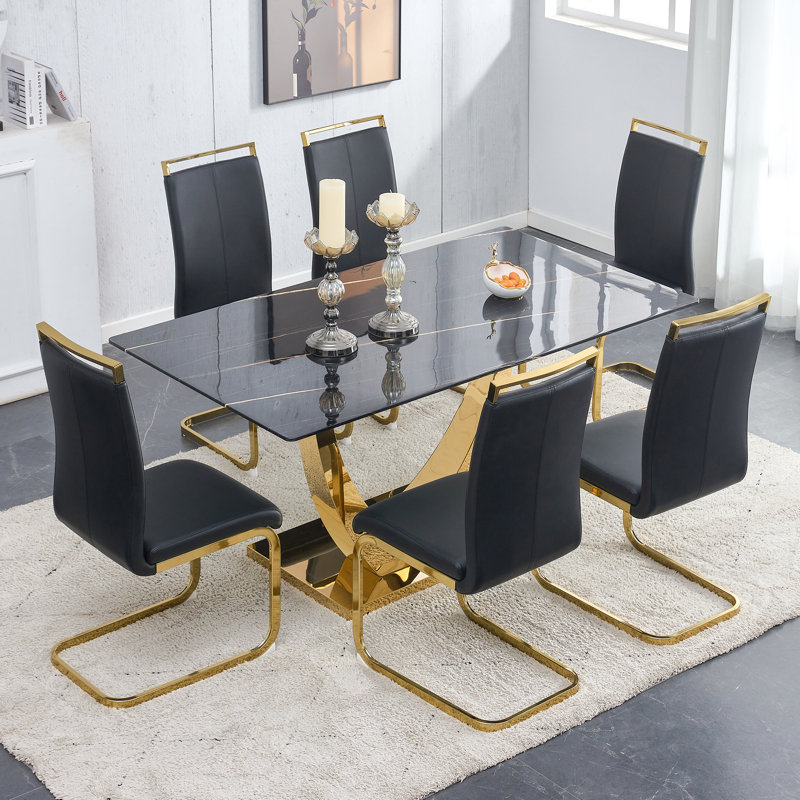 Aurora Morden Mid-Century 63" Rectangular Dining Table Set with Faux Leather Chairs, Black, Black