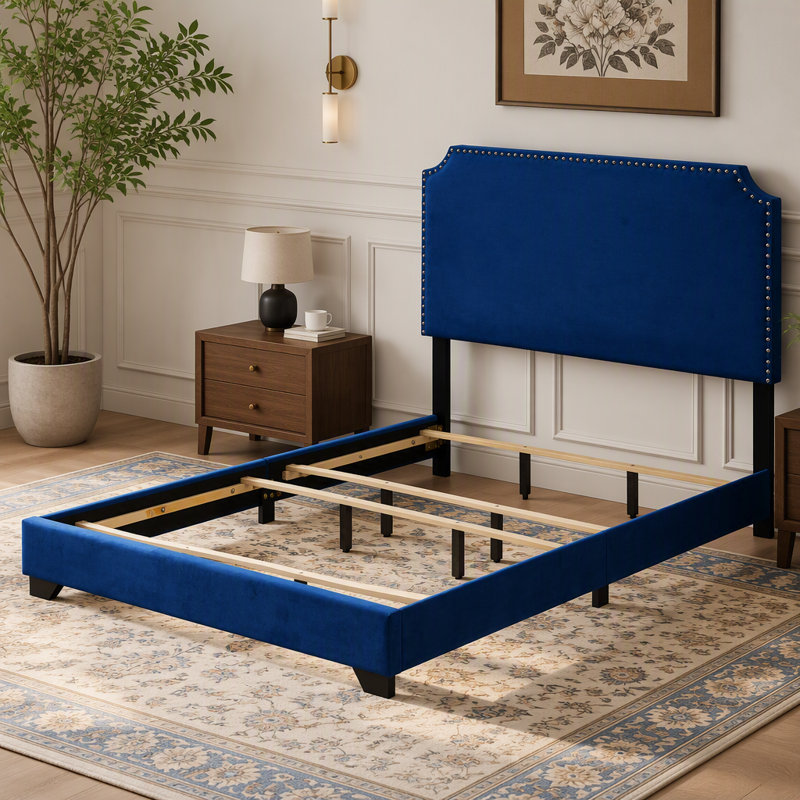 Blue Queen Panel Bed With Scooped Headboard
