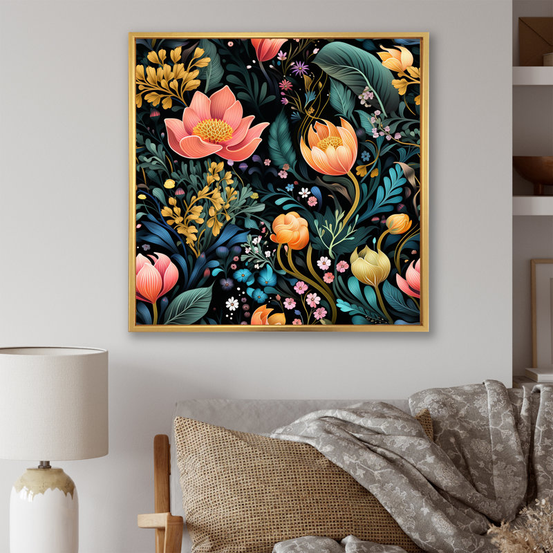 Cristal fleuri motif floral IV - Art mural floral, Cadre flottant doré, H 36 po x l 36 po x P 1,5 po