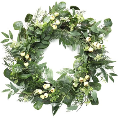 Artificial Eucalyptus Wreath with Glitter 24 Inch for Front Door, Green Spring Wreath with Big White Berries and Eucalyptus Leaves for Wedding Home Décor Outdoor décor