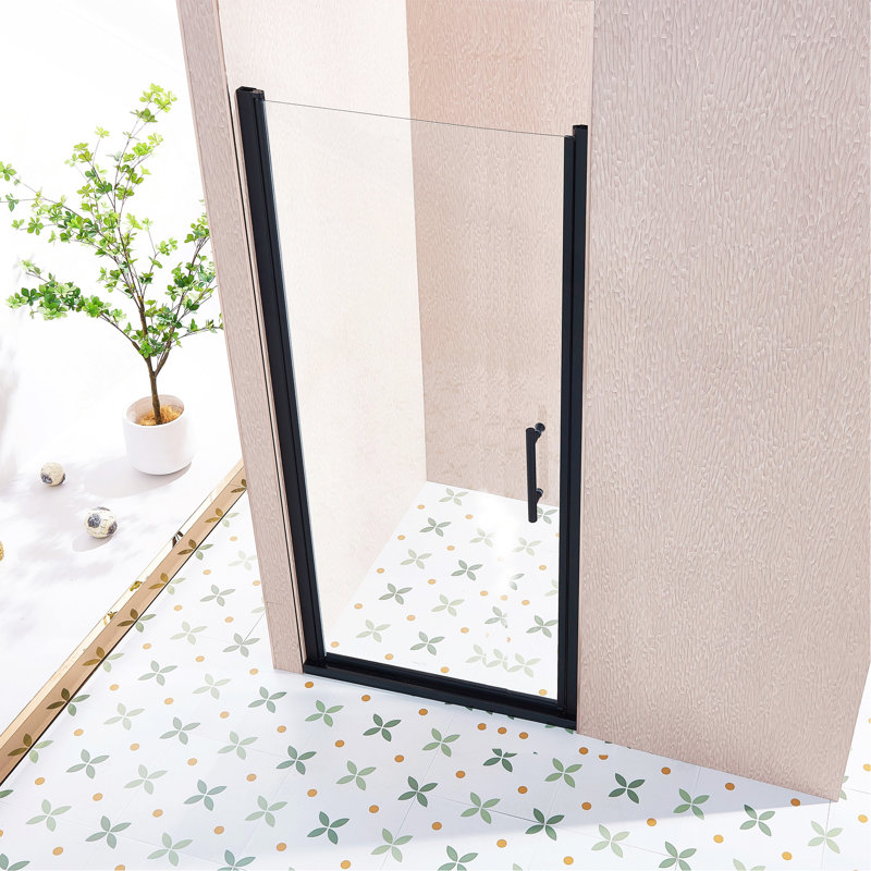 34-35.5"W x 75"H Pivot Single Swing Shower Door, Aluminium Alloy in Matte Black, 1/4" (6mm) Thick SGCC Tempered Clear Glass.