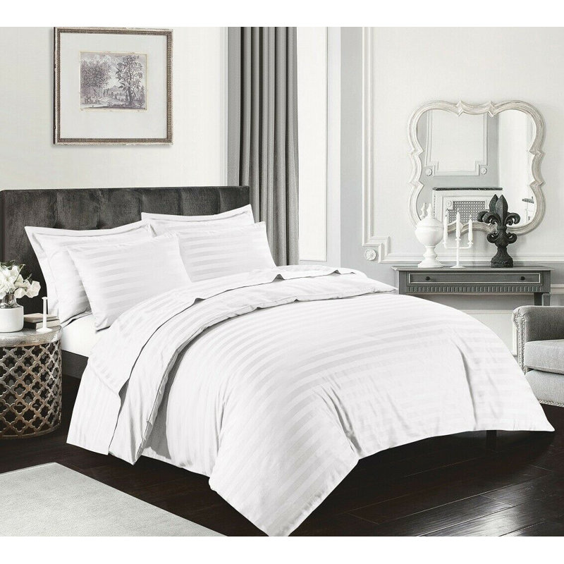 Byrde Satin Striped Duvet Cover Set with Pillowcases Included, White, Kingsize - 2 Standard Pillowcases