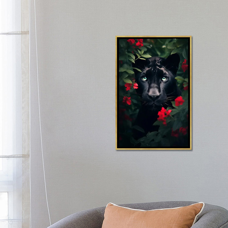 Black Panther Flowers - reproduction d'art murale encadrée, Reproduction encadrée sans passe-partout, H 26 po x l 18 po, Doré