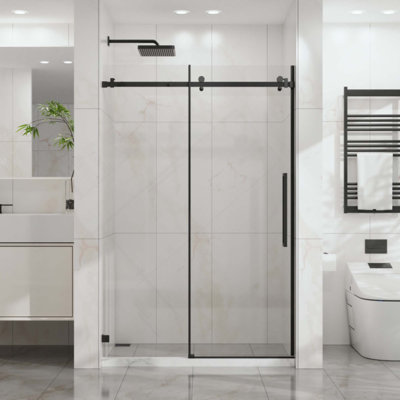Porte de douche coulissante, porte de douche en verre lisse sans cadre, verre trempé transparent de 1/4 po (6 mm) d'épaisseur avec revêtement facile à nettoyer, quincaillerie en acier inoxydable
