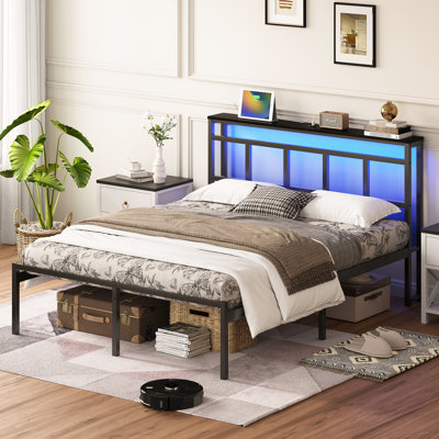 14 Inch Twin Metal Platform Bed Frame With Storage Headboard, Black, Led , - C And Type Charging, Simple Setup