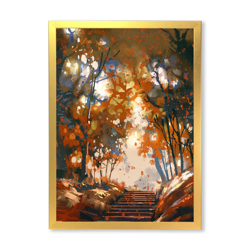 Escaliers avec des arbres dans le parc - Peinture sur toile, Cadre doré à coins fermés, H 32 po x l 16 po