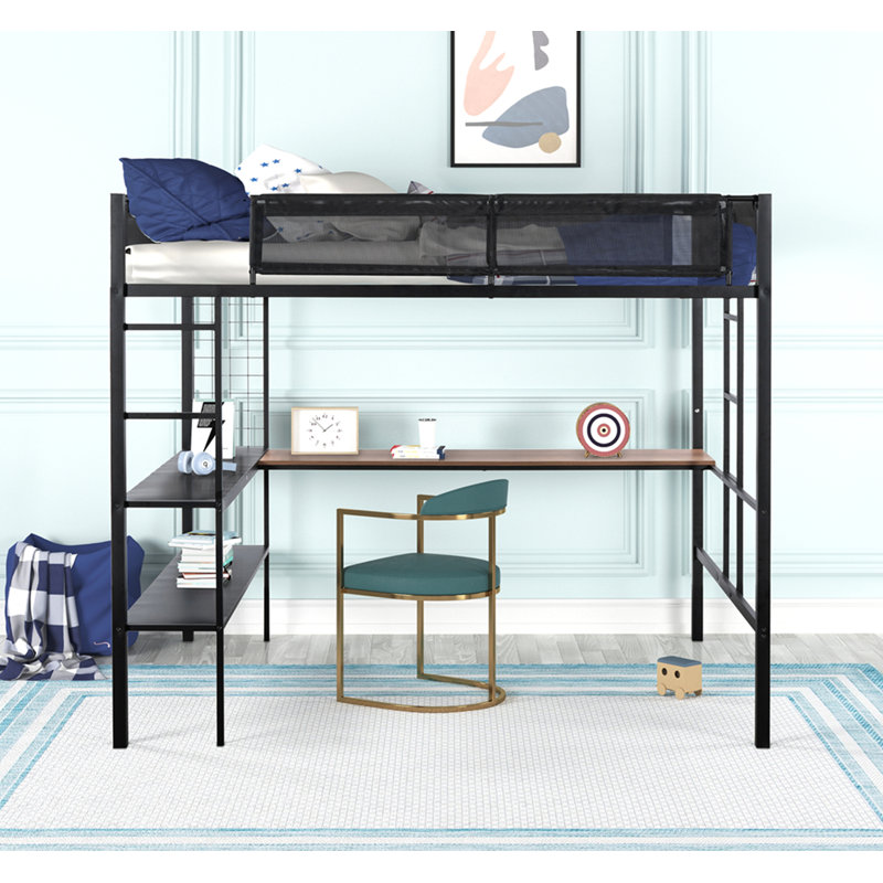 Lit mezzanine double en métal avec bureau et tablettes / Structure de lit en métal robuste / Lattes en bois sans bruit / Garde-corps confortable en Textilene / Bureau intégré, tablettes à 2 niveaux et panneau grillagé / 2 échelles latérales