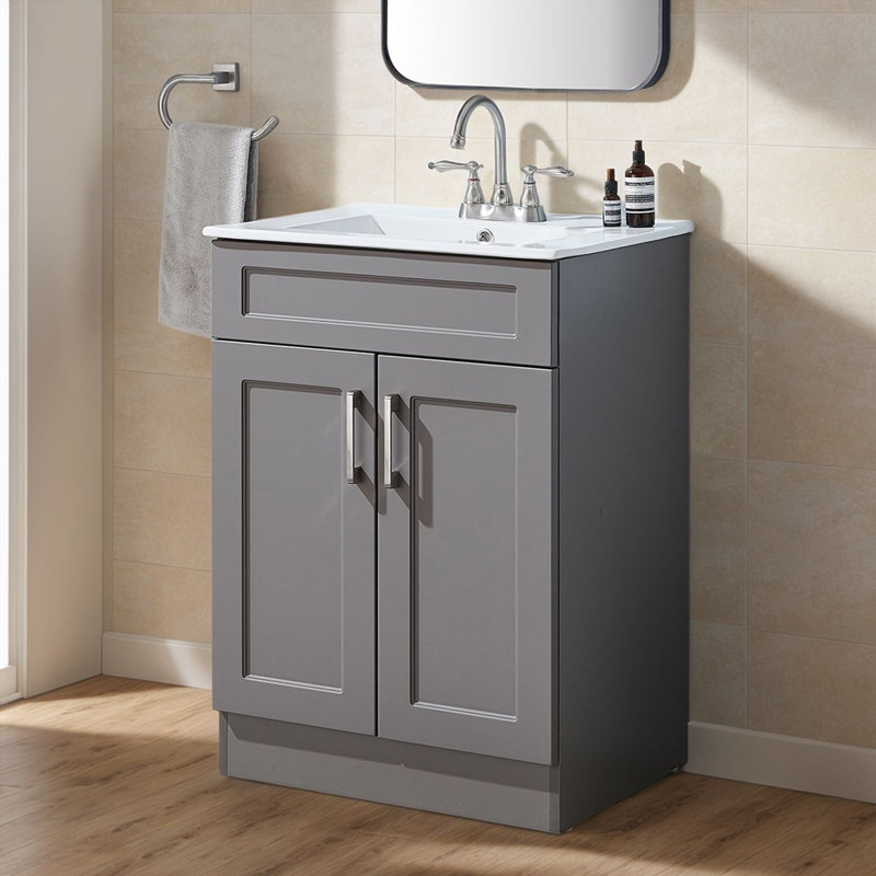 24" Modern 2-Door Free-Standing Single Bathroom Vanity With Ceramic Top, Gray