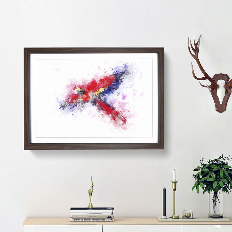 Scarlet Macaw Parrot in Flight in Abstract - Picture Frame Painting Print, 27cm H x 36cm W x 2cm D, Walnut Framed