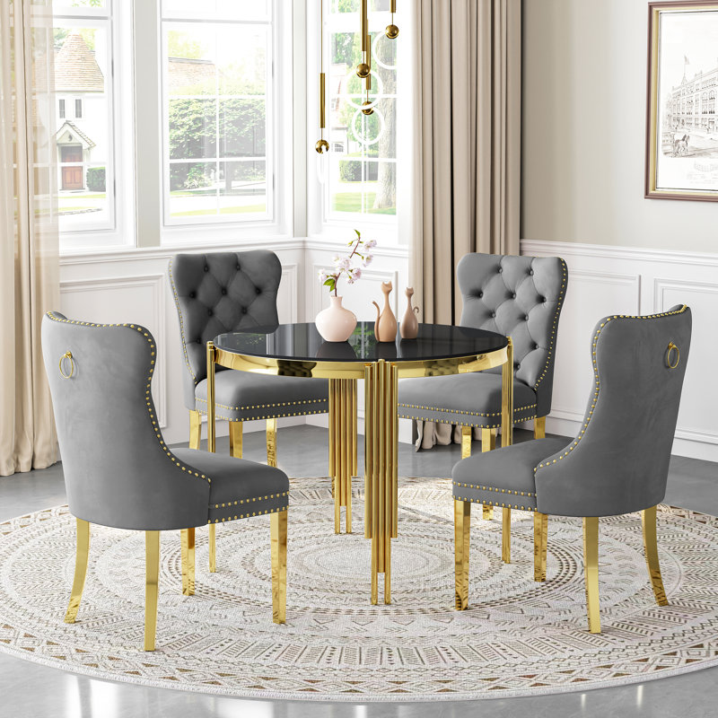 37"Modern Glass Dining Table Set, Irregular Stainless Steel Table Legs And Velvet Tufted Backrest Chairs, Black, Gray/Gold