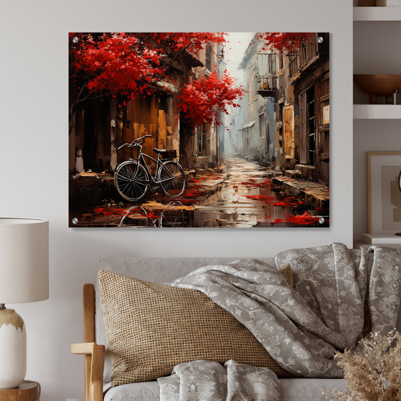 «Crimson Ride Red Flowers I» - bicyclette acrylique en verre, H 12 po x l 20 po