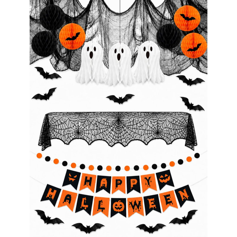 26‑Piece Halloween Indoor Party Decoration Kit, Halloween Wall & Fireplace Decor Set with 3D Bat Stickers, Hanging Ghost Ornaments and Creepy Cloth for Home Decoration