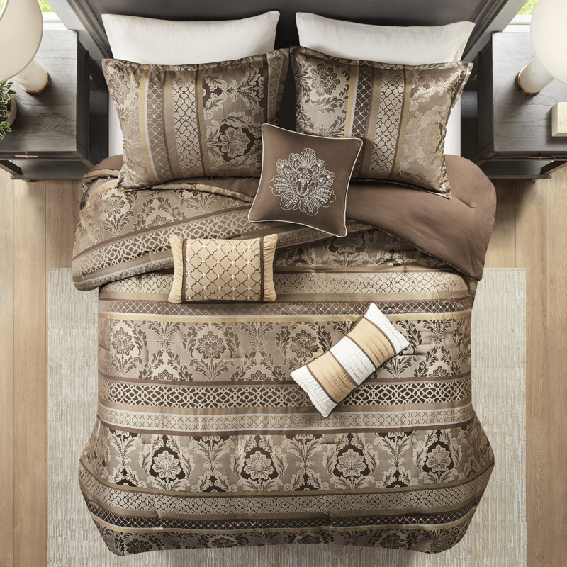 7 Piece Comforter - With Details, Leaf Patterns, Brown/Gold, Queen Comforter + 6 Additional Pieces