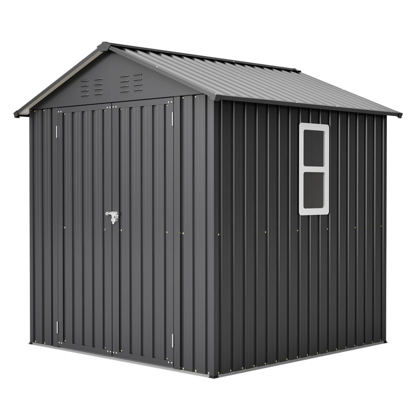Abri de jardin en acier noir de 1,83 m de large x 1,83 m de profondeur, avec porte et fenêtre verrouillables.