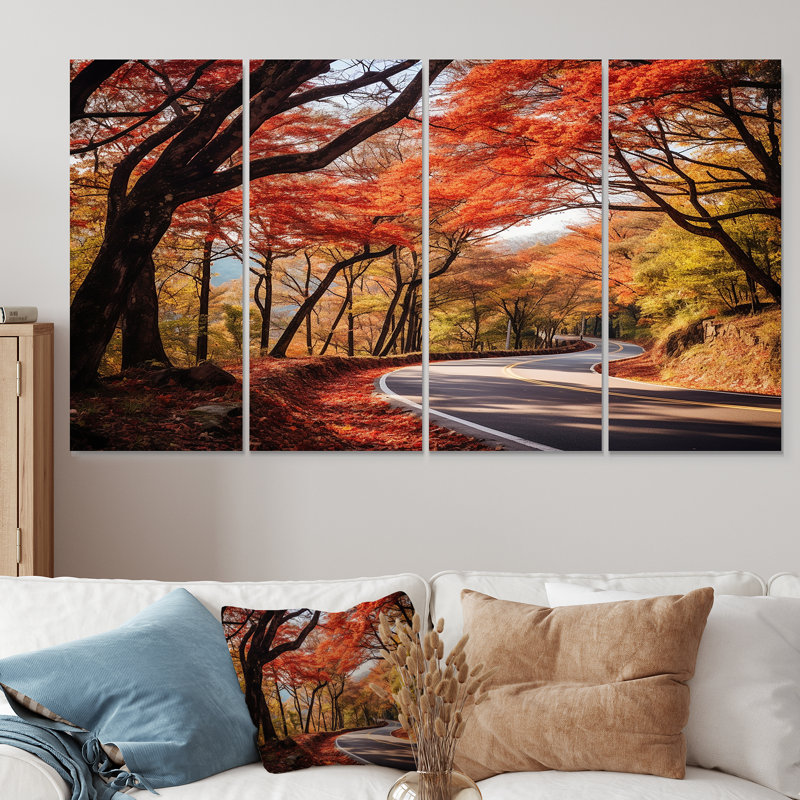 «Crimson Autumn Pathway Road II», ensemble d'art mural 4 pièces route, H 28 po x l 48 po