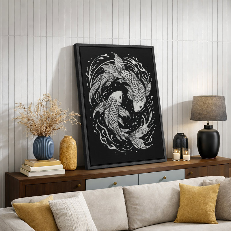 Yin Yang Koi poisson noir et blanc d'inspiration asiatique, décoration murale, reproduction d'art sur toile, Structure noire