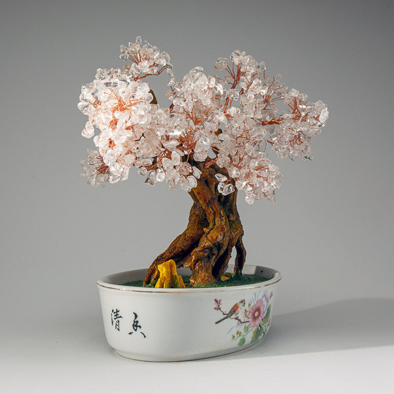 Genuine Quartz Gemstone Bonsai Tree in Oval Porcelain Pot (10")