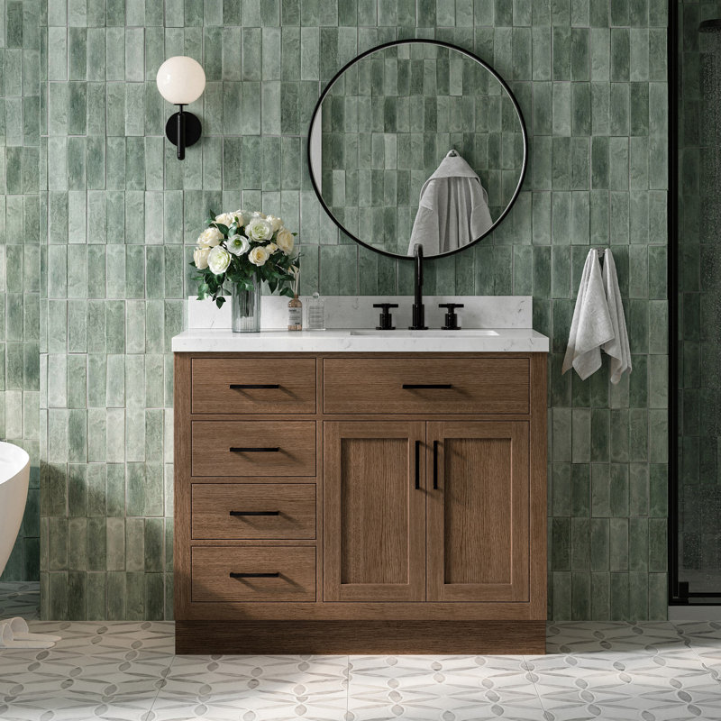 Meuble-lavabo simple en bois massif 42 po Tidworth avec plateau en quartz Carrara de 1,5 po, Oui, Forme rectangulaire