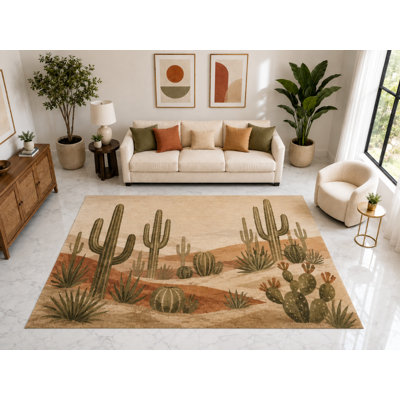 Tapis de salon « ultra fin » grand format (2 m x 3 m) à motif cactus du Sud-Ouest, tapis doux à poils courts avec envers antidérapant en silicone
