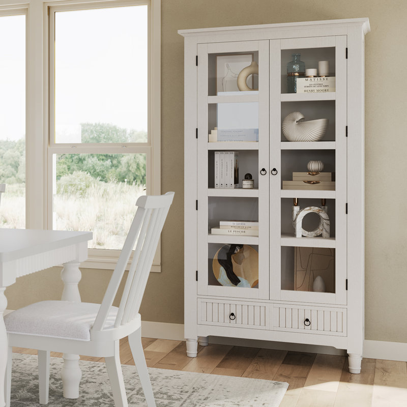 Pearce Westport Modern Farmhouse Tall Accent Storage Cabinet with Glass Doors and Adjustable Shelves - White, White
