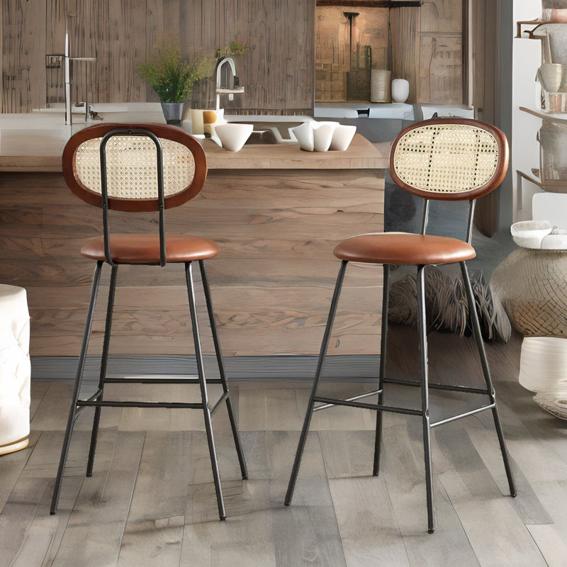Ezrol 2-Piece Adjustable Height Stools Industrial Faux Leather With Back & Footrest, Whiskey Brown