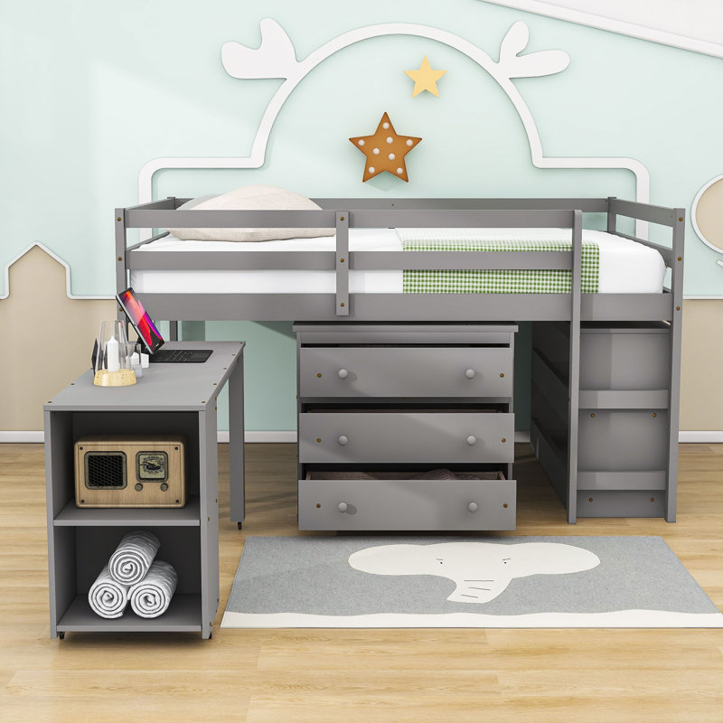 Esperio Kids Full Loft Bed with Drawers, Gray