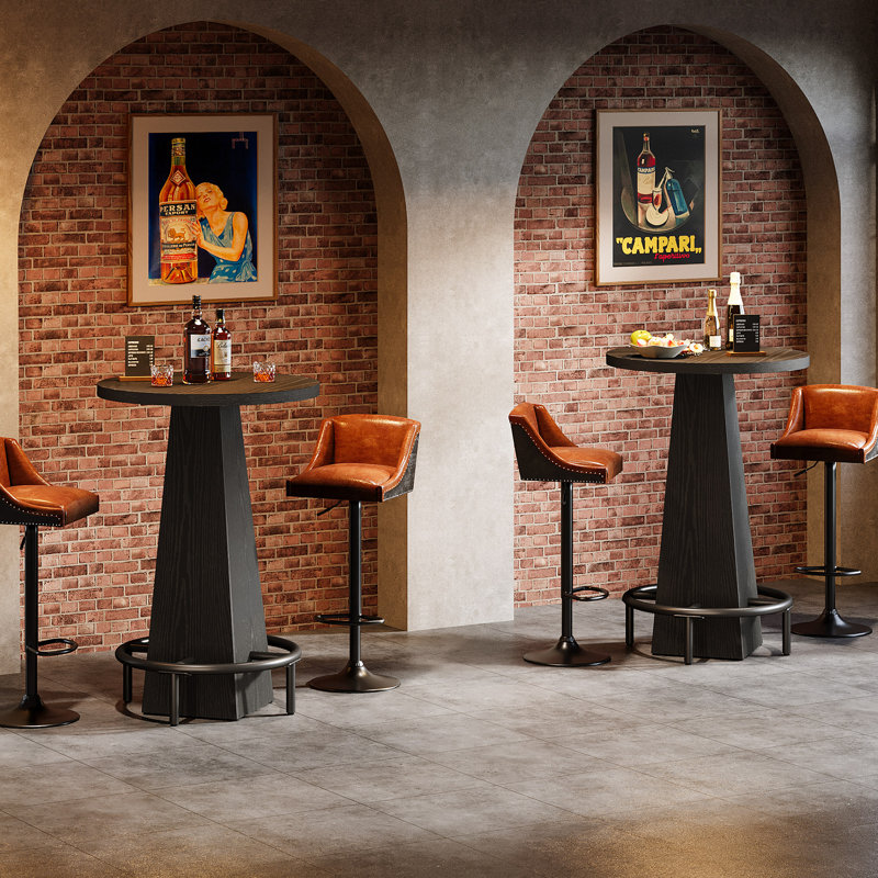 37.4" Tall Round Dining Table, Small Bar Table With Footrest (set Of 2), Black