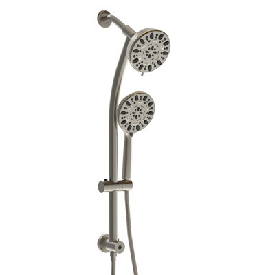 Douche en nickel brossé avec pomme de douche à effet pluie de 4,7 po, douche à 7 poignées, barre réglable et accoudoir double avec boyau coulissant