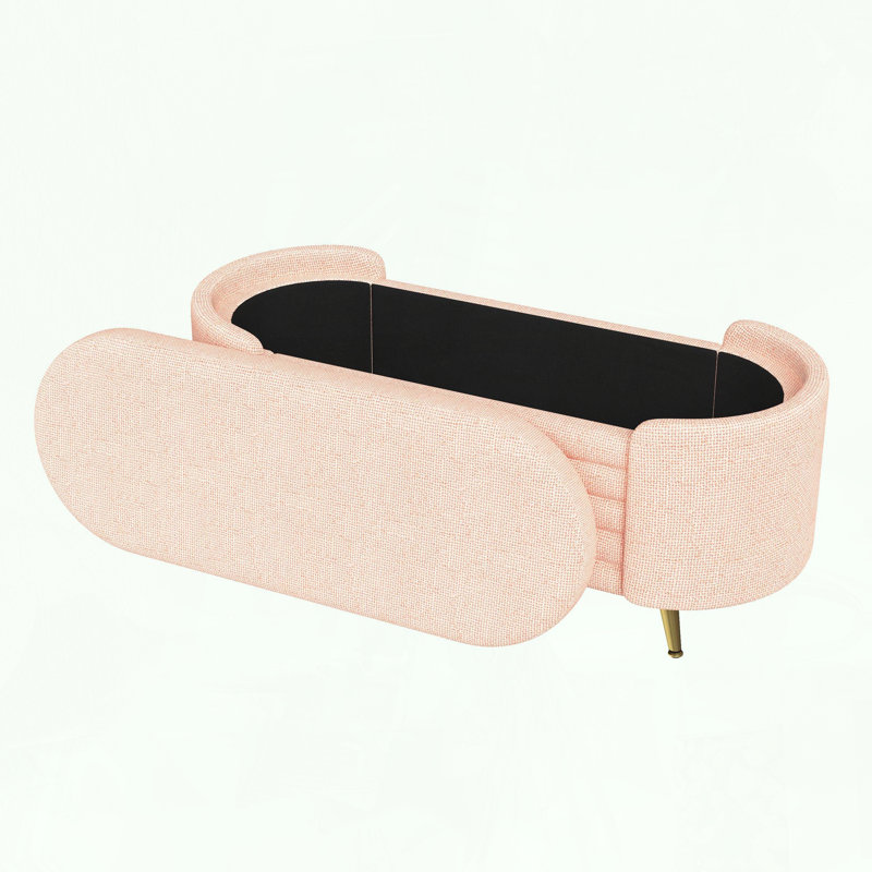 Banc de rangement ovale rose en chenille avec pieds en métal, Rose