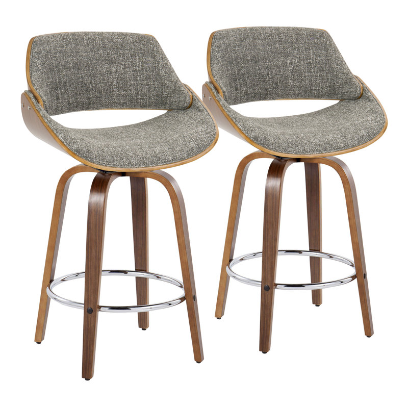 Linnetta 26" Mid-Century Modern Fixed-Height Counter Stool With Swivel In Walnut Wood And Noise Grey Fabric With Round Chrome Metal Footrest- Set Of 2