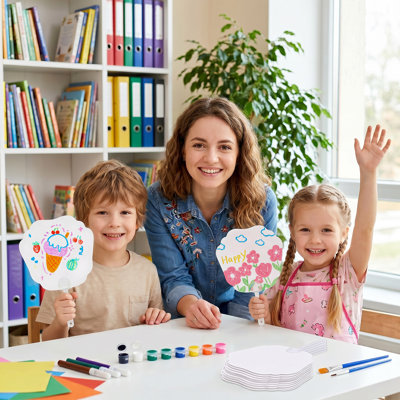 DIY Blank Paper Fan Craft Kit 50-Pack, Sublimation Fans with Acrylic Paints & Watercolor Pens, Wedding Church Party Decoration