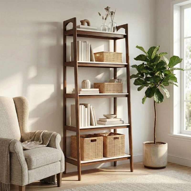 Parker 73'' H Wooden Ladder Bookcase, Off-White/Pecan