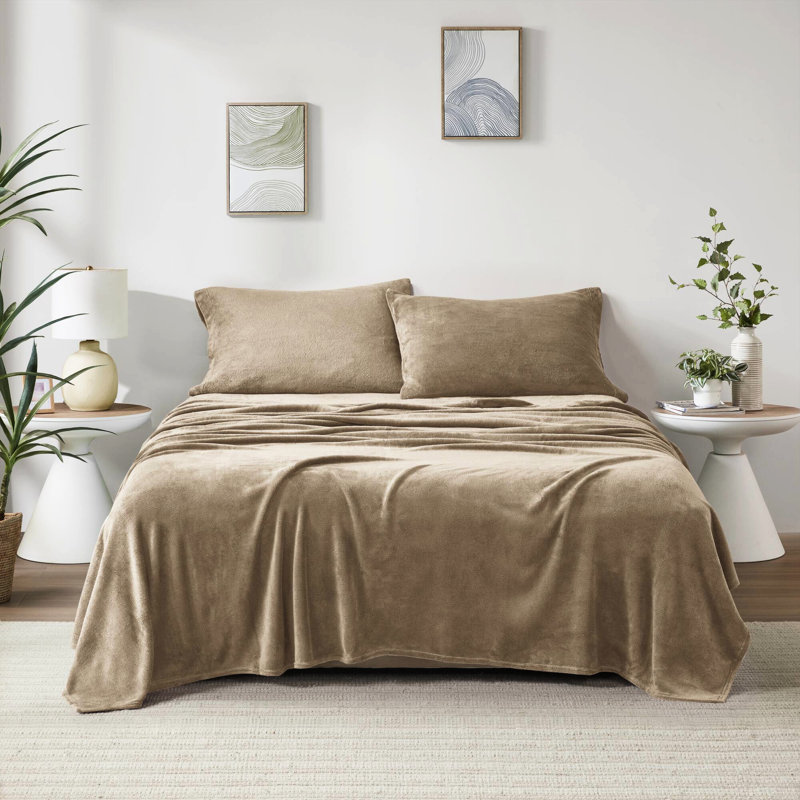 Grand drap taupe 4 pièces - 100% velours doux à plat 2 taies d'oreiller pour matelas de 16 po