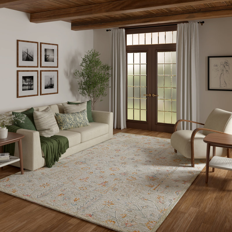 Tapis d'intérieur en laine naturel fait à la main vert sauge, Rectangle 9 pi x 12 pi