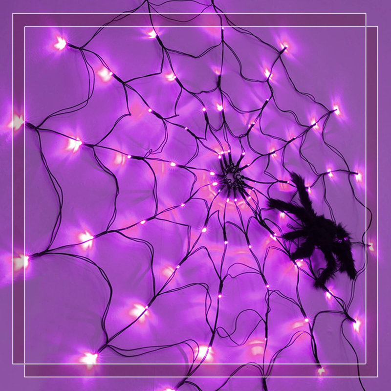 Ensemble de lumières d'Halloween en toile d'araignée - Toile 47 po (80 Leds) + araignée 11,8 po, 8 modes, étanche IP44, alimenté par piles pour un décor intérieur extérieur