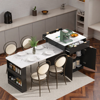Fluted Kitchen Island With Extendable Dining Table, Power Outlet,  Double-side Storage, 2 Drawers And 2 Side Open Shelves