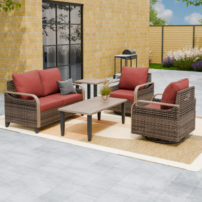 5-Piece Outdoor Patio Brown Wicker Wood Grain Armrest Swivel Glider Chair Loveseat Seating Group with Cushion, Side Table