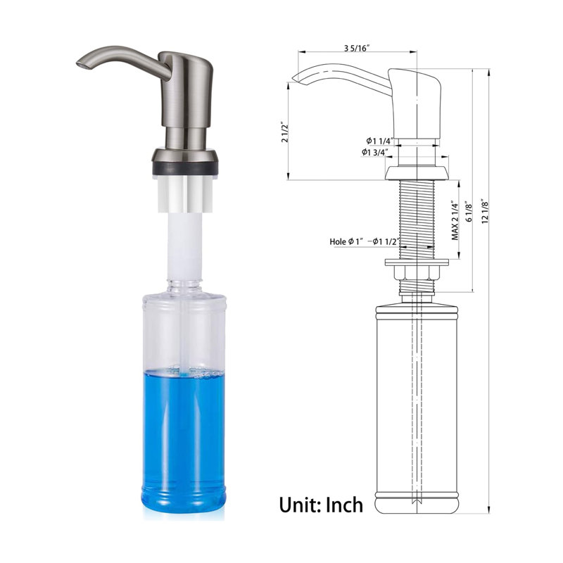 Built in Sink Soap Dispenser or Lotion Dispenser for Kitchen Sink Pump Head with 13 Ounce Soap Bottle, Brushed Nickel
