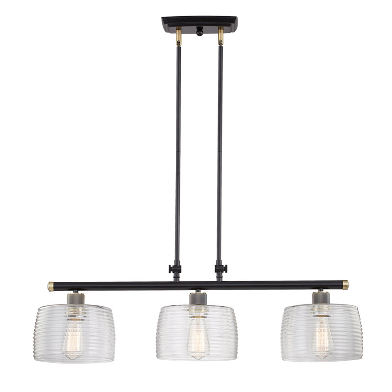 3 - Light Kitchen Island Pendant, Black/Antique Brass, Clear
