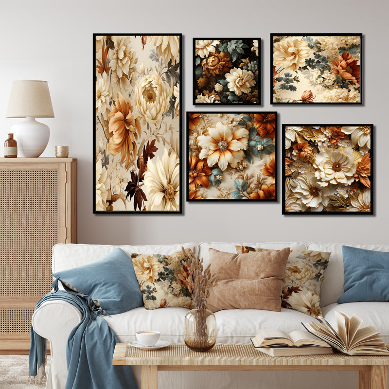 Rustic Brocade Elegance Victorian Motif - Ensemble de 5 décorations murales florales, Cadre flottant noir