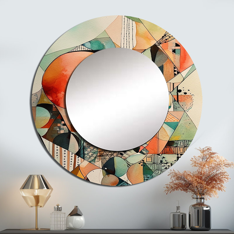 «PASCUS Joyful Geometric II - Landscape Decorative Mirror», grand miroir mural rond vert, impression sur métal, 23 po x 23 po