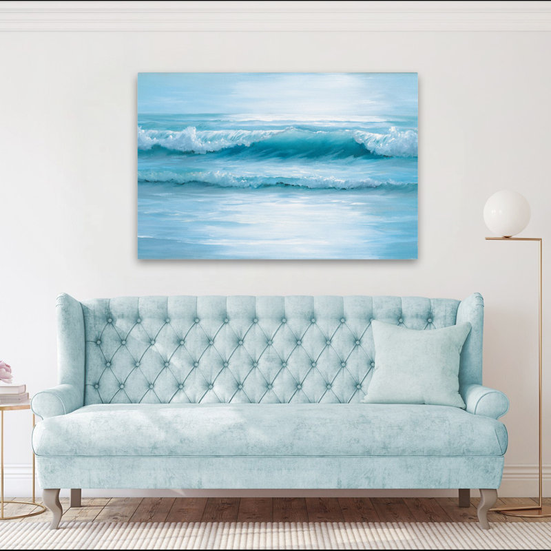 Sunlight Reflections - Coastal Contemporary Rolling Sea Waves Mint Green Water Minimal Beach Scene Art, H 40 po x l 60 po