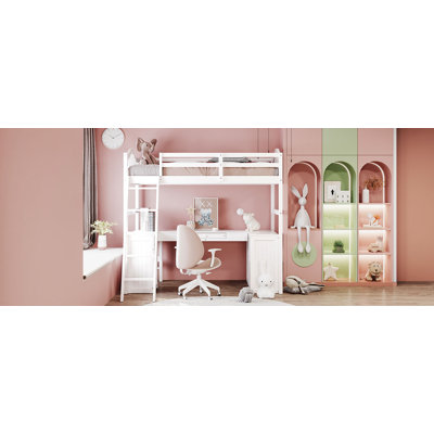Lit mezzanine simple avec tiroirs, armoire, tablettes et bureau, lit mezzanine en bois avec bureau - Blanc (OLD SKU: LT000505AAK)