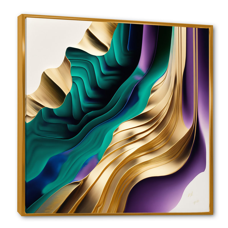 Mauve, vert et or, "Bold Strokes III", art mural abstrait, H 24 po x l 24 po x P 1 po, Cadre flottant doré