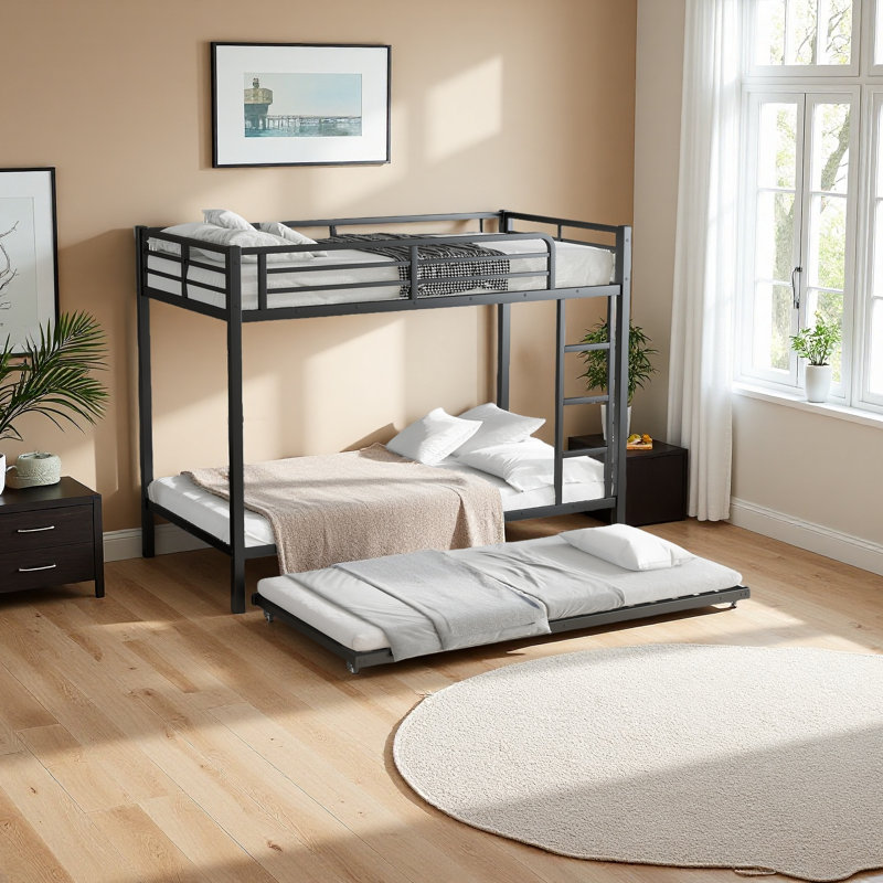 Metal Bunk Bed With Trundle, Black, Twin XL over Twin XL