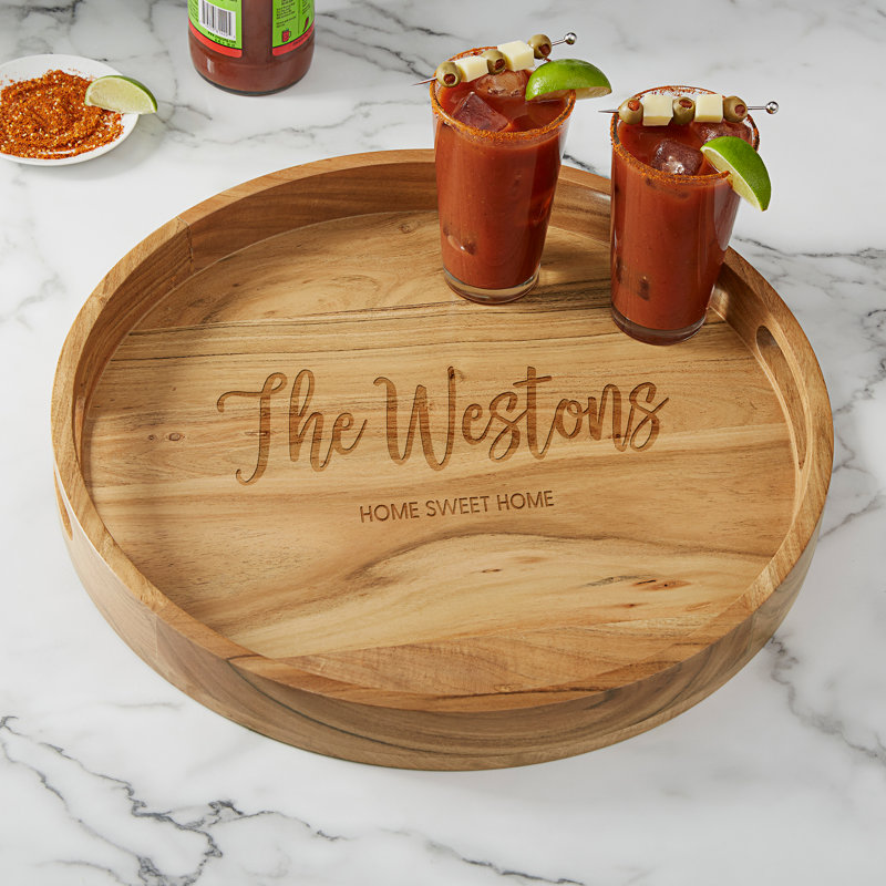 Seasonally Script Engraved Acacia Wood Round Serving Tray