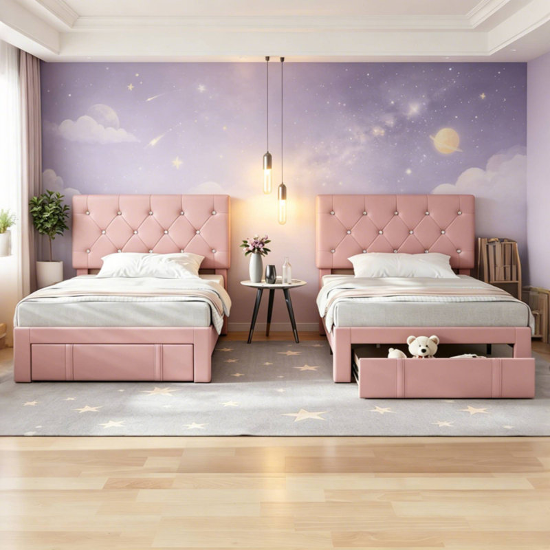 Murlene 2 Pack Upholstered Headboard Adjustable Height Twin Size Platform Single Bed With Drawers, Pink