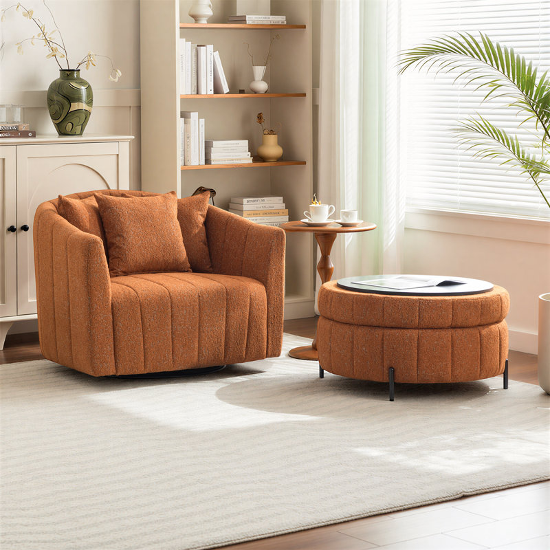 Fauteuil demi-tonneau pivotant rembourré de 39 po de largeur avec repose-pieds avec rangement, Orange